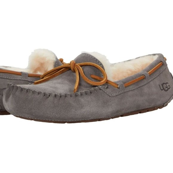 NIB UGG WOMEN'S DAKOTA GRAY SUEDE SHEARLING TIE SLIPPERS‎ - Picture 1 of 6